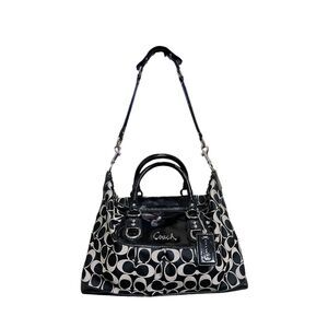 Coach "Ashley" Signature Sateen Satchel Bag in Black With Leather Trim F15443